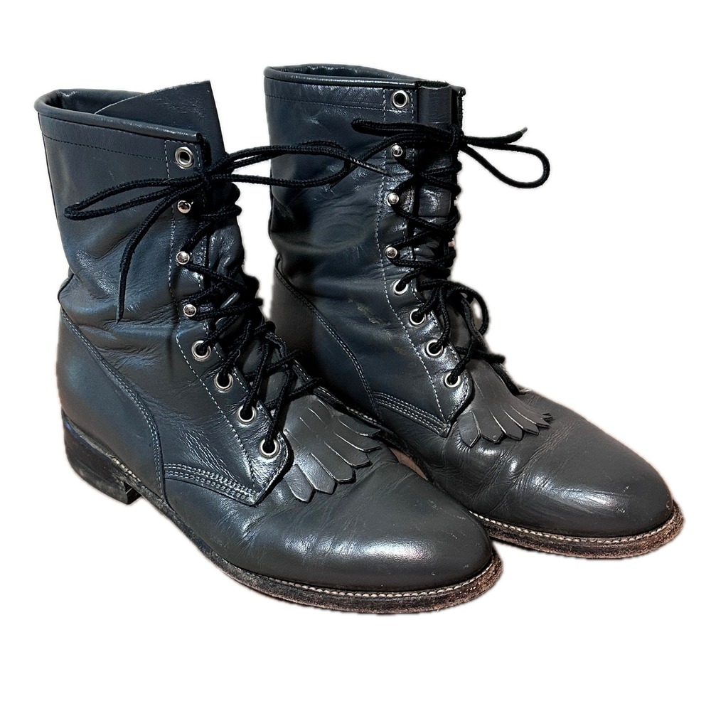 Justin Leather Lace Up Roper Boots Kiltie Fringe Grey Western Lacer 522 9B